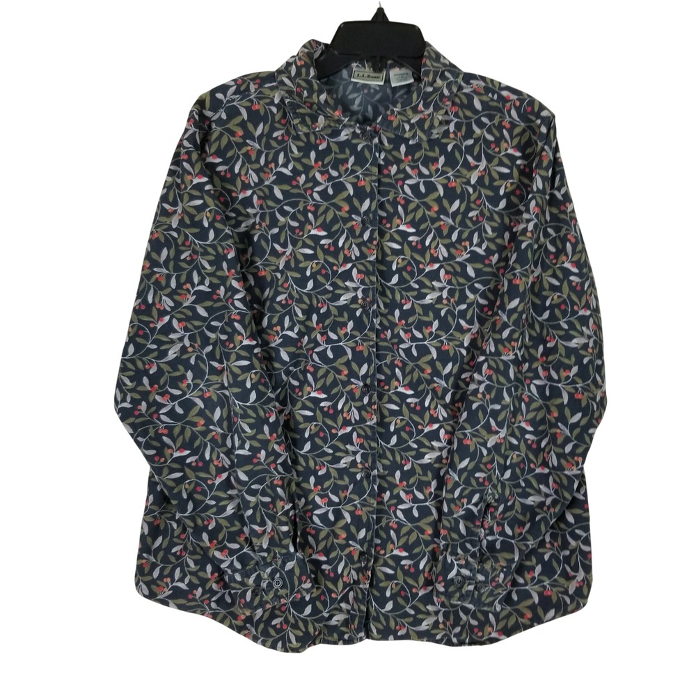 LL Bean Corduroy Shirt Womens Large Navy Blue Floral Berry Long Sleeve Button Up